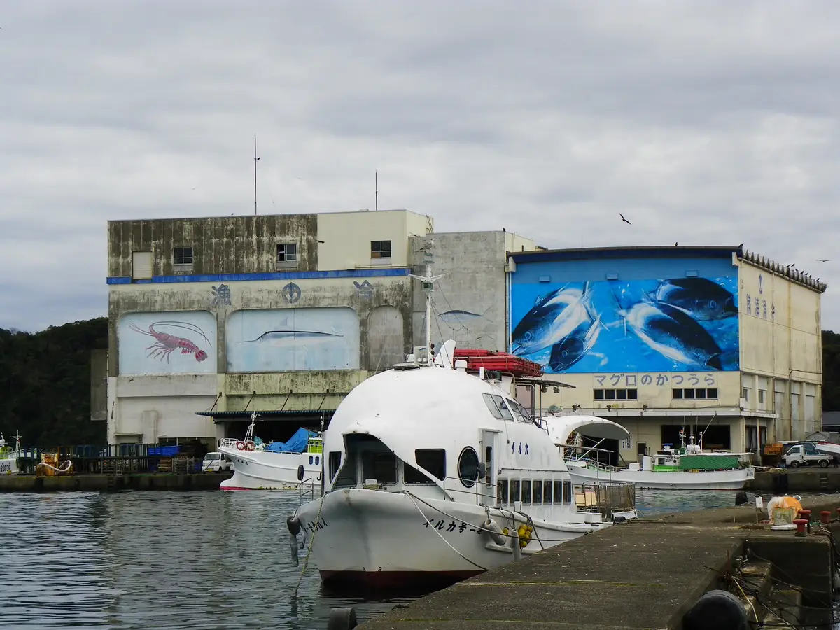 The Katsuura fish market building with a large tuna mural, a sightseeing boat moored in front