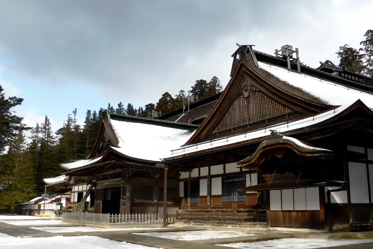 Snow on the roofs and grounds of Kongobu-ji's main hall on Koyasan in February
