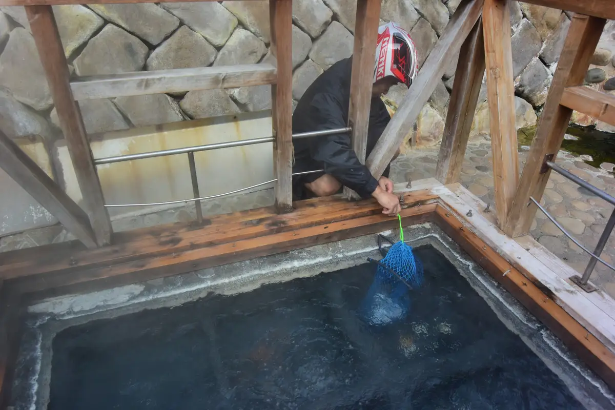 在湯峰溫泉冒著熱氣的湯筒中放入一網袋雞蛋的遊客